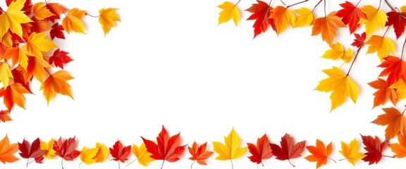 Fototapeta premium Continuous horizontal border of vibrant autumn leaves isolated on white background, leaf pattern, pattern