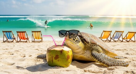 Banner for a travel company with a turtle in sunglasses drinking coconut and relaxing on the beach with ocean view with a surfer on a surfboard