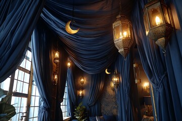 Serene dark blue room with glowing crescent moon and lanterns  
