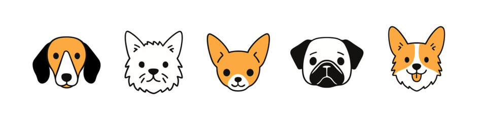 Dog head puppy vector cute icon. Dog face cartoon doodle pet flat animal corgi bulldog terrier.