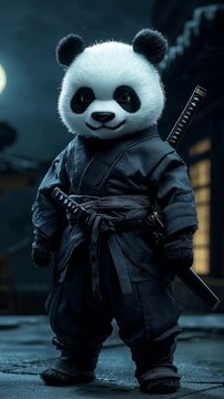 A panda ninja, armed with a katana, stands ready under the moonlight, exuding a blend of cuteness and strength.