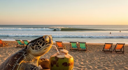 Banner for a travel company with a turtle in sunglasses drinking coconut and relaxing on the beach with ocean view with a surfer on a surfboard