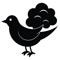 Stylized black bird silhouette with a fluffy cloud like tail on white background