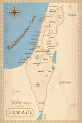 Vintage vector map of Israel on an old paper texture. Detailed retro-style illustration showing cities and borders, perfect for travel and history themes. © vladimir