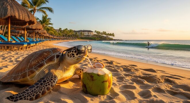 Banner for a travel company with a turtle in sunglasses drinking coconut and relaxing on the beach with ocean view with a surfer on a surfboard