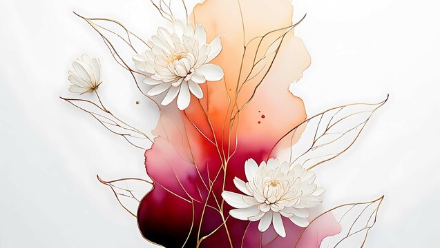 Elegant white chrysanthemum flowers with delicate gold veins on a vibrant watercolor background - Powered by Adobe