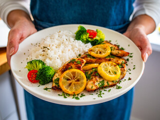 Woman holding plate with lemon chicken escalopes with rice