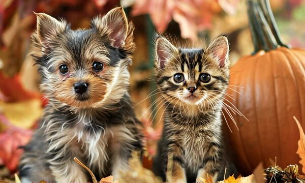 Yorkshire Terrier puppy and Devon Rex kitten sitting among autumn leaves and pumpkins, celebrating fall, Thanksgiving, and Halloween. Copy space available.