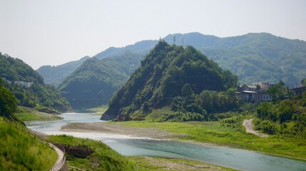 Chinese hillside village, traditional houses, Han River valley