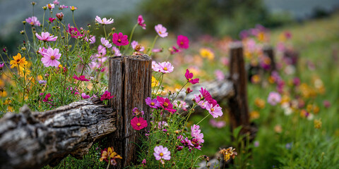 Bunte Kosmeen entlang eines verwitterten Holzzauns auf blühender Sommerwiese