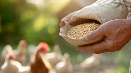 Closeup of farmer pouring grain from sack with chickens in background - Powered by Adobe