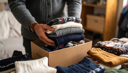 Man Sorting Clothes Into Donation Box