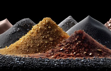 Assortment of metallic ores and minerals including gold, copper, iron, bismuth piled on dark surface, industrial raw materials resource concept for manufacturing and geology.​