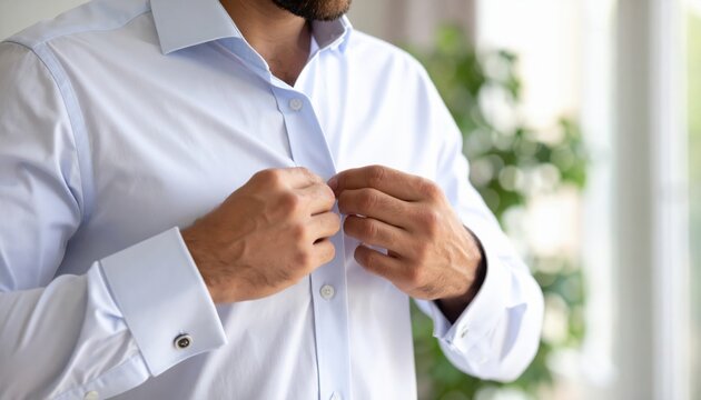 Man Buttoning Light Blue Dress Shirt Close Up