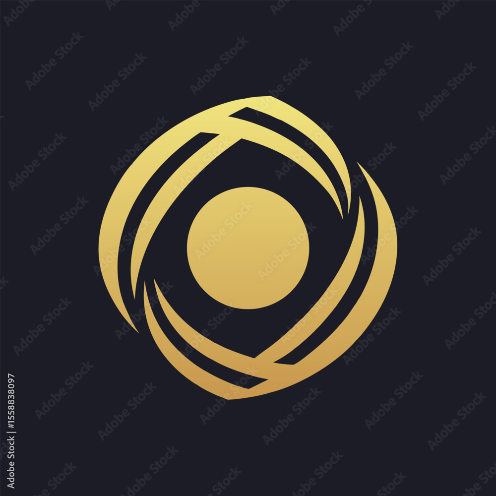 Poster golden swirling abstract shape with central circle on dark background vector