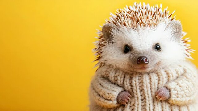 Adorable hedgehog cozy in knitted sweater against yellow background