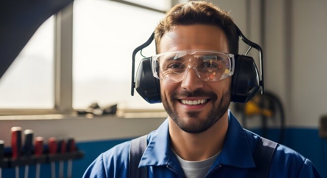 Smiling Mechanic Wearing Safety Glasses and Earmuffs in Automotive Repair Shop