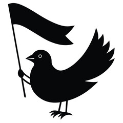 Black silhouette of a bird holding a waving flag on a white background