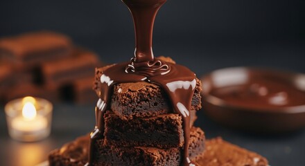 Obraz premium Chocolate sauce is poured over a stack of brownies, with more brownies and a candle in the background.