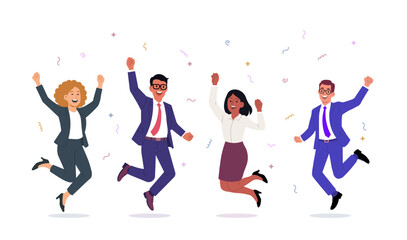 Happy business character people office team. Cartoon happy business person jump flat employee success joy illustration.
