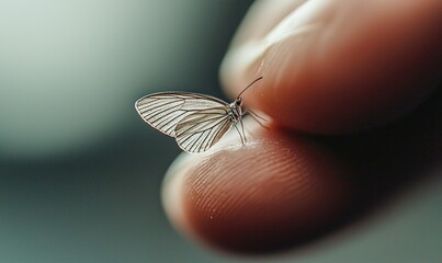 A delicate butterfly rests gently on a human fingertip, captured in a close-up shot, showcasing intricate details.
