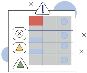 Vector Risk Matrix With Red, Yellow, and Green Zones, Warning Icons and Risk Score Line, Featuring a Flat Infographic Style for Safety or Analysis Use