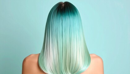Naklejka premium Back angle view of a woman with sleek two-tone pastel hair, mint green transitioning smoothly into baby blue, smooth texture, cool-toned soft lighting, minimalistic background