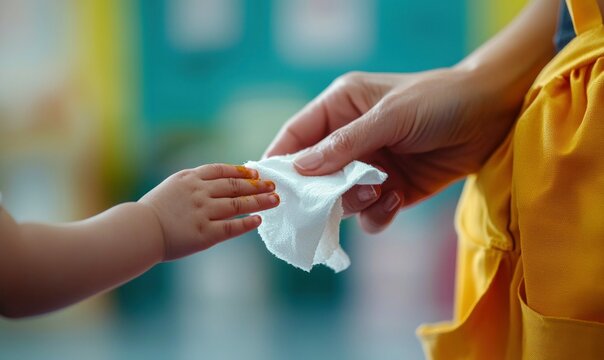 A parent gently cleans a child's hand with a wet wipe, promoting hygiene and care. The scene takes place indoors.