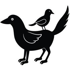 Two black silhouette birds one small perched on the back of a larger bird