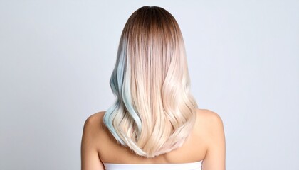 Obraz premium Back angle view of a woman with long two-tone pastel hair, soft pink blending into lavender, gentle waves, soft natural lighting, dreamy aesthetic, subtle background blur.