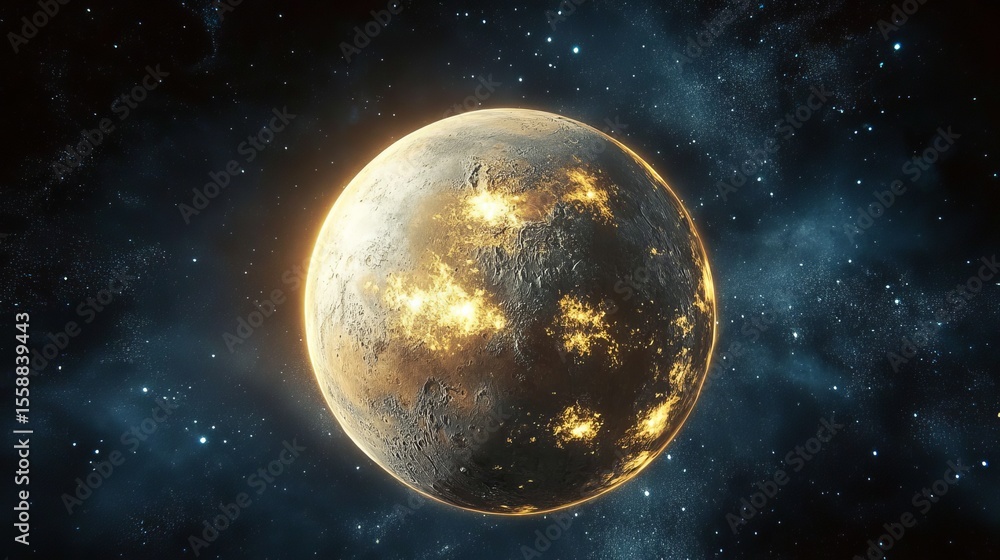 Poster exploration of an alien world a new planet with glowing structures and rough terrain in space