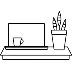 Flat vector of a clean desk with a laptop, potted plant, coffee cup, and stationery. Soft colors and simple lines.