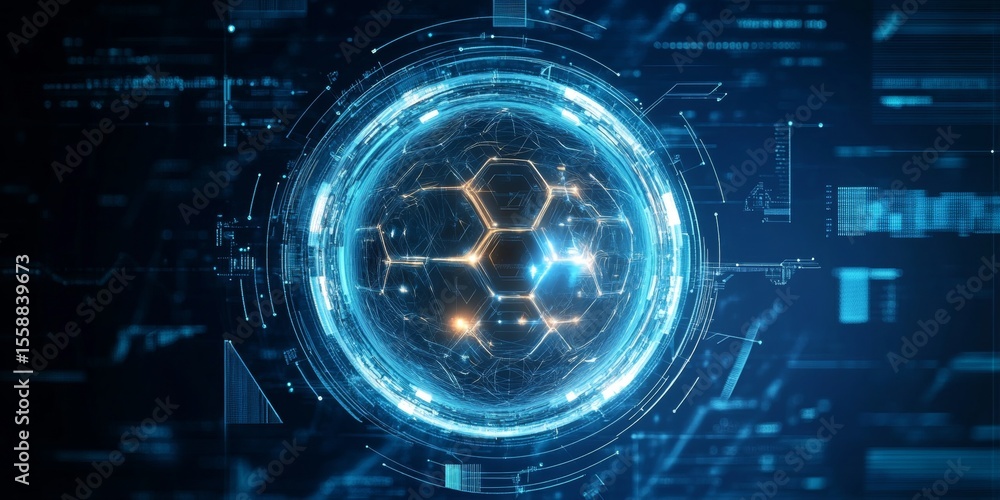 Poster futuristic cybersecurity sphere digital protection in a complex data stream environment