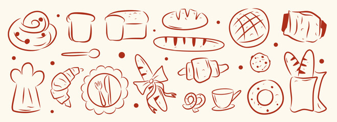 Bakery goods isolated collection. Line art outline elements of croissant, bread, cake, muffin, donut. Vector hand drawn sketch illustration. For menu design, logo template. Set of food  cute doodle.