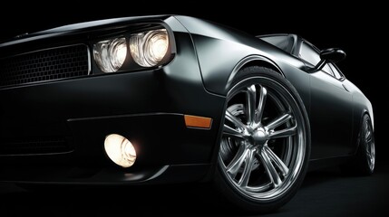 A sleek black car, detailed with chrome wheels and illuminated headlights against a dark background.