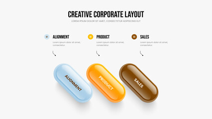 Advertising Solution 3 Element Infographic Slideshow Layout. Business Profile Three Step Diagram Slide Template. Corporate Insight Frame Design Vector Illustration.