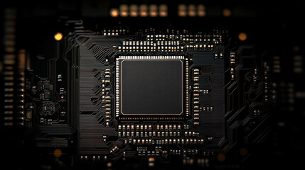 A black and gold circuit board with a central processor unit (CPU) at its center, surrounded by numerous electronic components and wires.