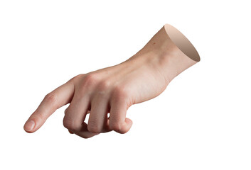 Finger pointing down. Hand in outstretched pose, finger showing direction, selection, control,
