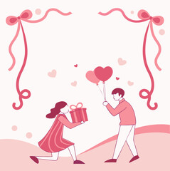 Paper cut Valentine's Day poster with couple exchanging a heart-shaped gift box, surrounded by floating ribbons, hearts, and sparkles, central headline 'Special Love Gift', pastel pink background, rom