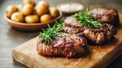 Close-up shot of three cooked steaks garnished with rosemary, served on a wooden board alongside potatoes.