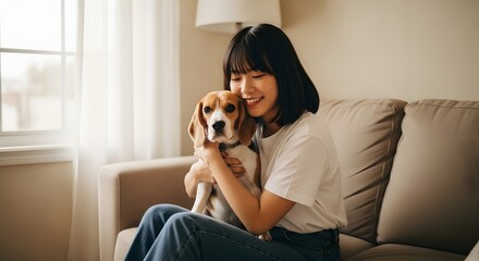 Smiling Young Woman Holding Beagle Dog on Beige Sofa Indoors