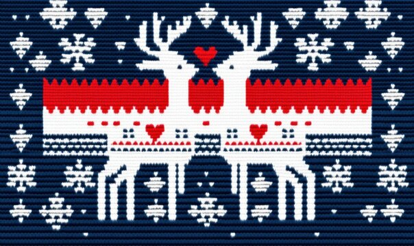 A detailed knitted Christmas sweater design, featuring reindeer, hearts, and snowflakes in red and white on a navy blue background.