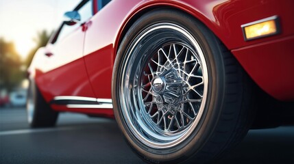 A close-up of a classic red car's chrome wheel, capturing its shiny details against the blurred background, exuding a sense of luxury.