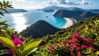 worms eye view, nang yuan island, thailand, summer day, panorama, hyperrealistic, bold magenta hues, sparkling light, side lighting, lush tropical vegetation, crystal clear turquoise water, dreamy