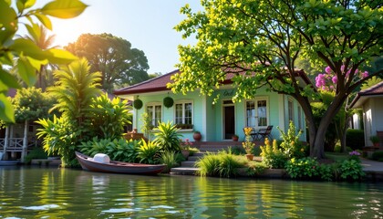 thai riverside house, chantaburi, hyperrealism, mint green, electric vibrancy, gleeful, macro details, bright sunlight, joyful aesthetic, lush foliage, vibrant water reflection, photorealistic.
