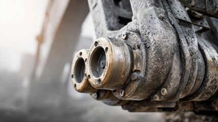 Close-up of weathered metal components with circular openings, suggesting industrial machinery or a steampunk aesthetic, with a soft focus background.