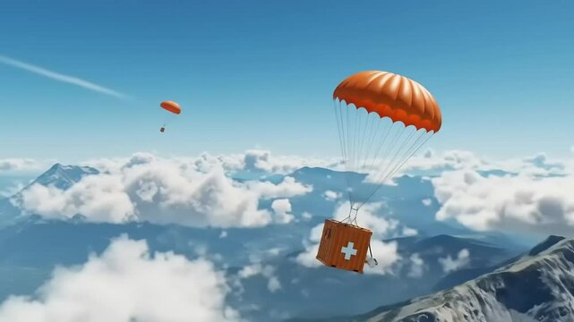 Parachute delivery of medical supplies over scenic mountains and clouds, showcasing aerial rescue efforts