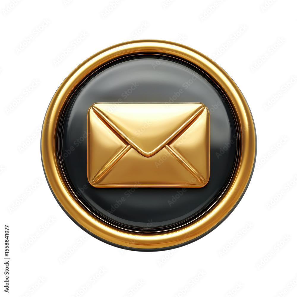 Aufkleber golden email icon on a black button for messaging communication and on transparent background