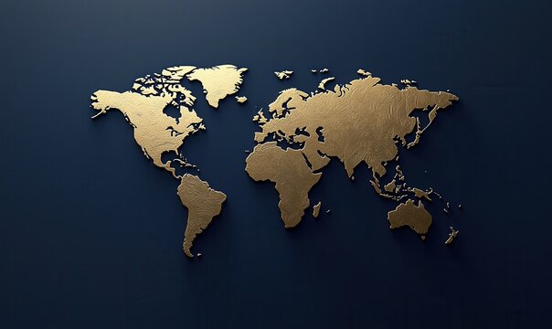Golden world map on dark blue gradient background