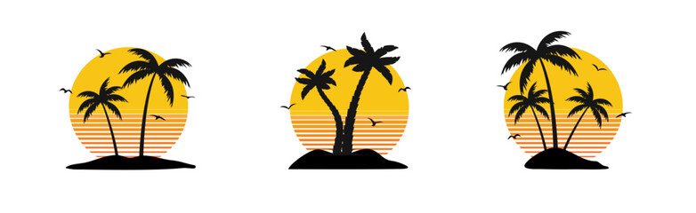 Palm logo sunset beach vector icon. Sunrise island sea tropical water sunset palm summer round icon set